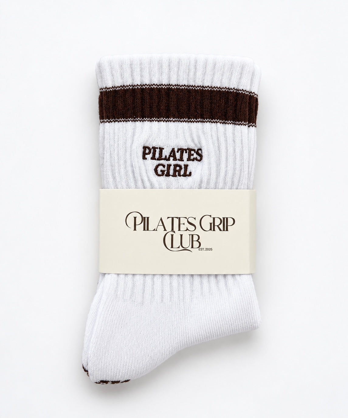 Pilates Grip Sock - White with brown stripe