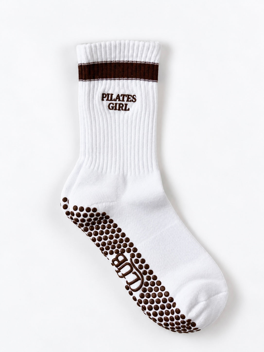 Pilates Grip Sock - White with brown stripe