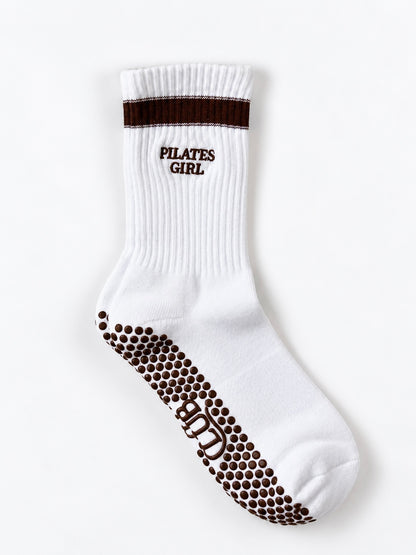Pilates Grip Sock - White with brown stripe