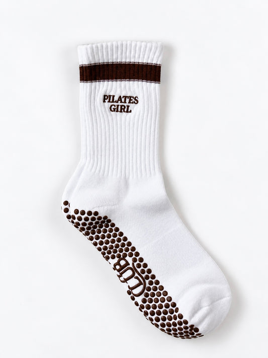 Pilates Grip Sock - White with brown stripe